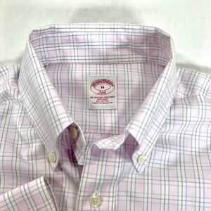 Brooks Brothers 346 Mens M Button Down Shirt Pink Blue Brown Plaid Long Sleeve